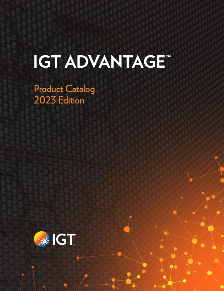 Black and Orange IGT ADVANTAGE 2023 casino operation technology Product catalog cover - that links to PDF download on click.